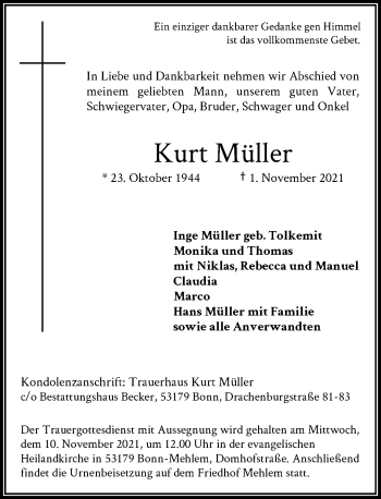 Anzeige von Kurt Müller von General-Anzeiger Bonn