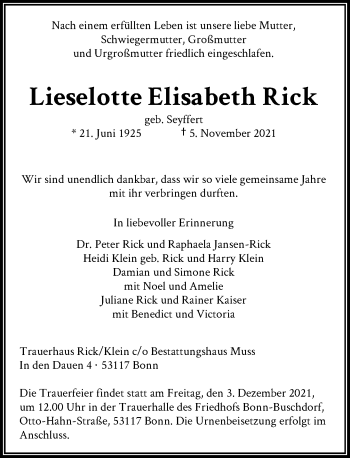 Anzeige von Lieselotte Elisabeth Rick von General-Anzeiger Bonn