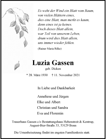 Anzeige von Luzia Gassen von General-Anzeiger Bonn