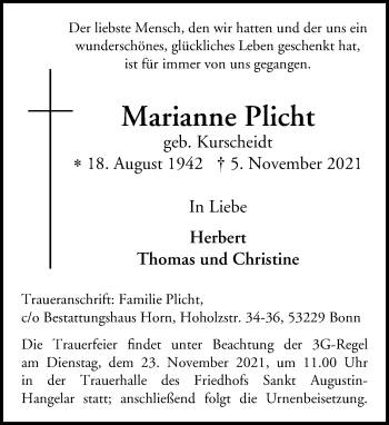 Anzeige von Marianne Plicht von General-Anzeiger Bonn