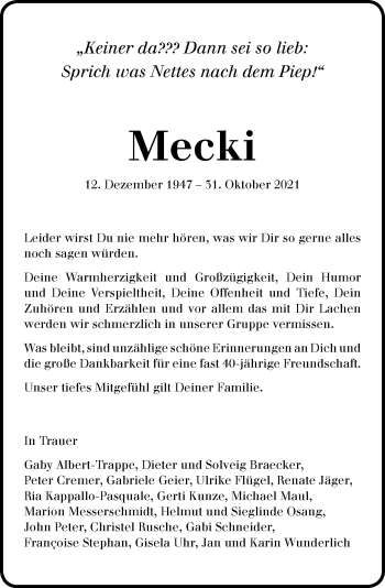 Anzeige von Mecki Mirbach von General-Anzeiger Bonn