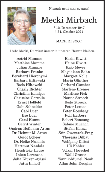 Anzeige von Mecki Mirbach von General-Anzeiger Bonn