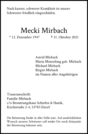 Anzeige von Mecki Mirbach von General-Anzeiger Bonn
