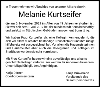 Anzeige von Melanie Kurtseifer von General-Anzeiger Bonn