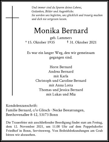 Anzeige von Monika Bernard von General-Anzeiger Bonn