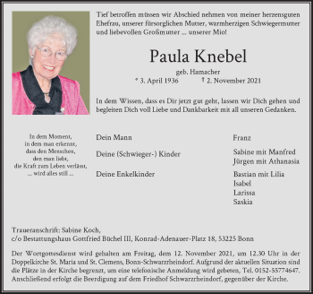 Anzeige von Paula Knebel von General-Anzeiger Bonn