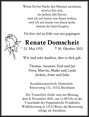 Anzeige von Renate Domscheit von General-Anzeiger Bonn