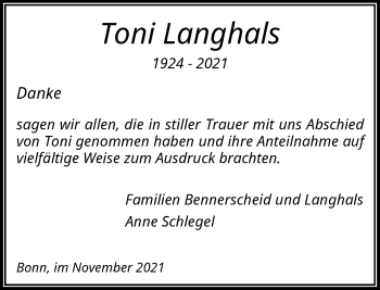 Anzeige von Toni Langhals von General-Anzeiger Bonn