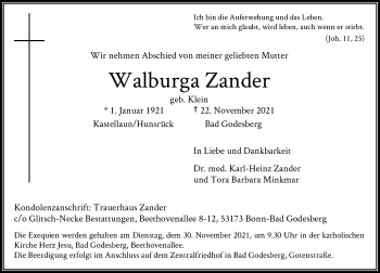 Anzeige von Walburga Zander von General-Anzeiger Bonn