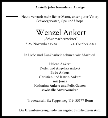 Anzeige von Wenzel Ankert von General-Anzeiger Bonn