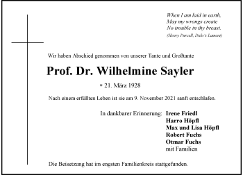 Anzeige von Wilhelmine Sayler von General-Anzeiger Bonn