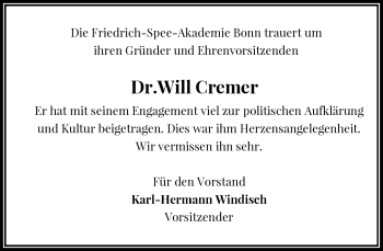 Anzeige von Will Cremer von General-Anzeiger Bonn