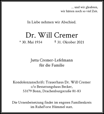 Anzeige von Will Cremer von General-Anzeiger Bonn