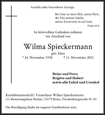Anzeige von Wilma Spieckermann von General-Anzeiger Bonn