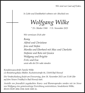 Anzeige von Wolfgang Wilke von General-Anzeiger Bonn