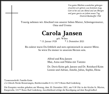 Anzeige von Carola Jansen von General-Anzeiger Bonn