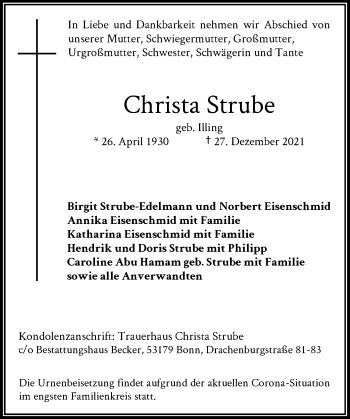 Anzeige von Christa Strube von General-Anzeiger Bonn