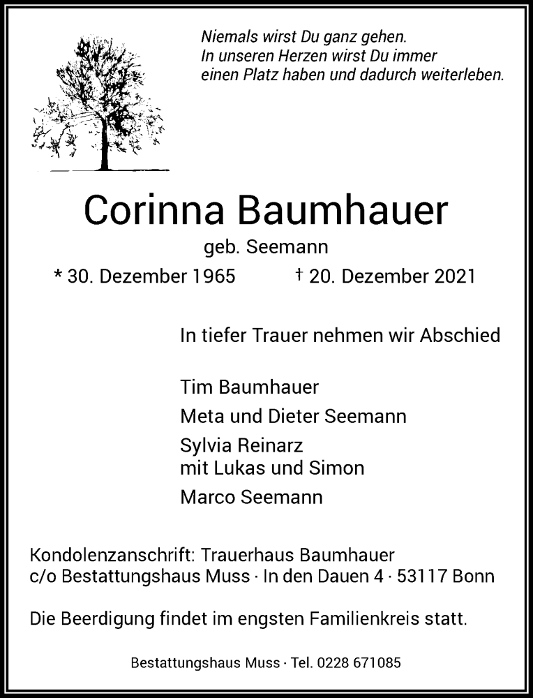  Traueranzeige für Corinna Baumhauer vom 31.12.2021 aus General-Anzeiger Bonn