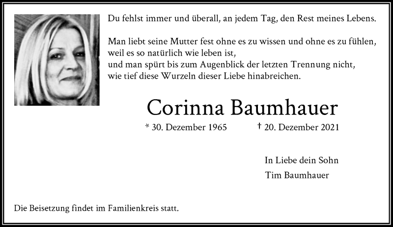  Traueranzeige für Corinna Baumhauer vom 31.12.2021 aus General-Anzeiger Bonn