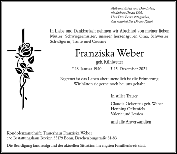 Anzeige von Franziska Weber von General-Anzeiger Bonn