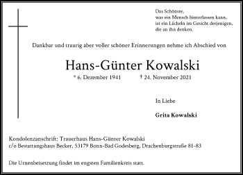 Anzeige von Hans-Günter Kowalski von General-Anzeiger Bonn