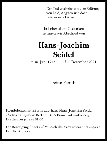 Anzeige von Hans-Joachim Seidel von General-Anzeiger Bonn