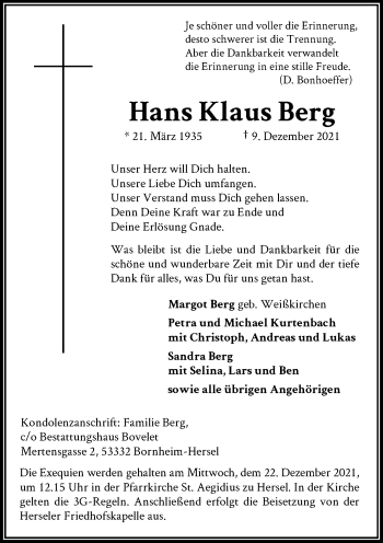 Anzeige von Hans Klaus Berg von General-Anzeiger Bonn