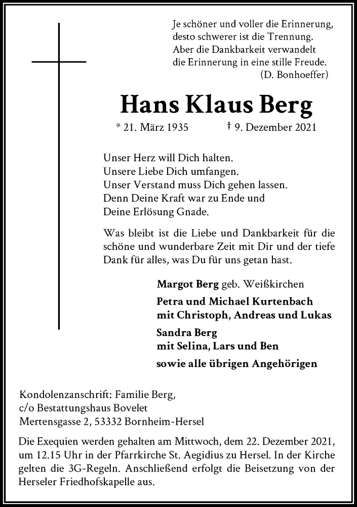  Traueranzeige für Hans Klaus Berg vom 18.12.2021 aus General-Anzeiger Bonn