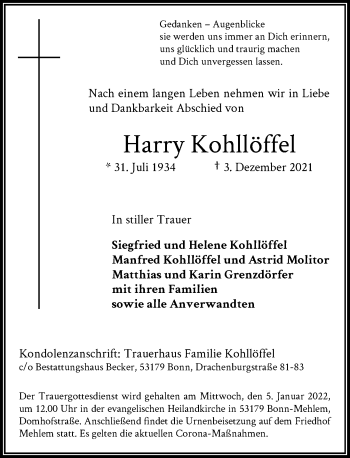 Anzeige von Harry Kohllöffel von General-Anzeiger Bonn