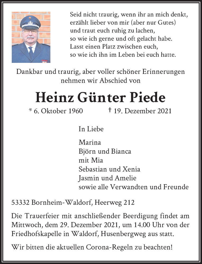  Traueranzeige für Heinz Günter Piede vom 22.12.2021 aus General-Anzeiger Bonn