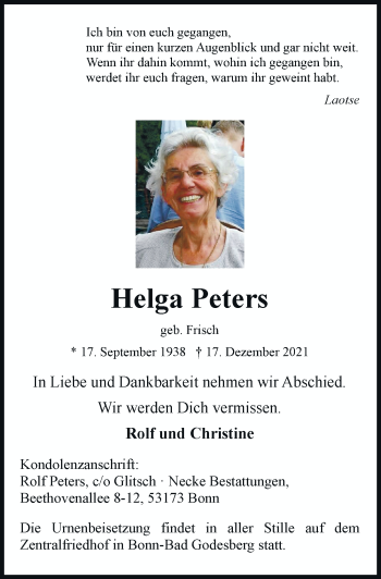 Anzeige von Helga Peters von General-Anzeiger Bonn
