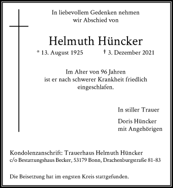 Anzeige von Helmuth Hüncker von General-Anzeiger Bonn