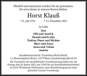 Anzeige von Horst Klauß von General-Anzeiger Bonn