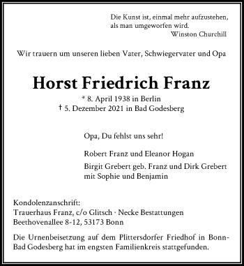 Anzeige von Horst Friedrich Franz von General-Anzeiger Bonn