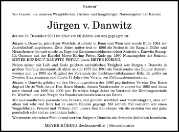 Anzeige von Jürgen v. Danwitz von General-Anzeiger Bonn