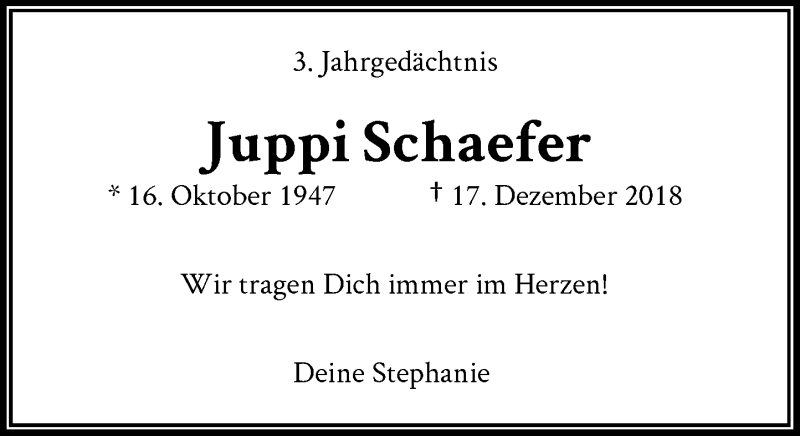  Traueranzeige für Juppi Schaefer vom 17.12.2021 aus General-Anzeiger Bonn