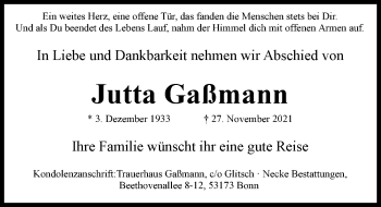Anzeige von Jutta Gaßmann von General-Anzeiger Bonn