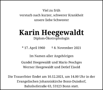Anzeige von Karin Heegewaldt von General-Anzeiger Bonn
