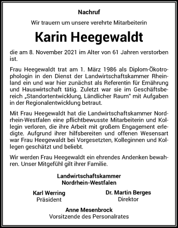 Anzeige von Karin Heegewaldt von General-Anzeiger Bonn
