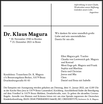 Anzeige von Klaus Magura von General-Anzeiger Bonn