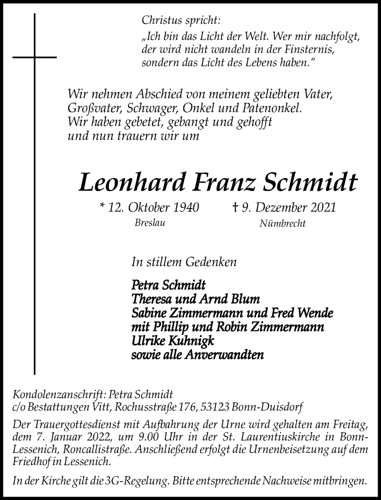  Traueranzeige für Leonhard Franz Schmidt vom 29.12.2021 aus General-Anzeiger Bonn