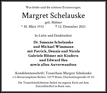Anzeige von Margret Schelauske von General-Anzeiger Bonn
