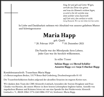 Anzeige von Maria Happ von General-Anzeiger Bonn