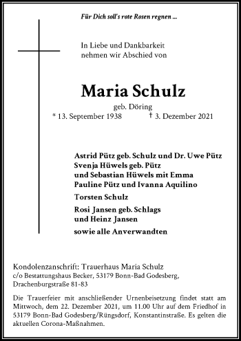 Anzeige von Maria Schulz von General-Anzeiger Bonn