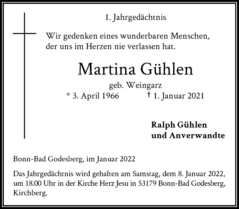  Traueranzeige für Martina Gühlen vom 31.12.2021 aus General-Anzeiger Bonn