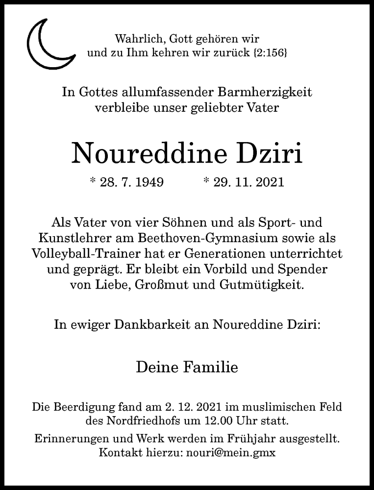  Traueranzeige für Noureddine Dziri vom 04.12.2021 aus General-Anzeiger Bonn