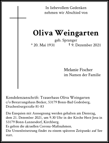 Anzeige von Oliva Weingarten von General-Anzeiger Bonn