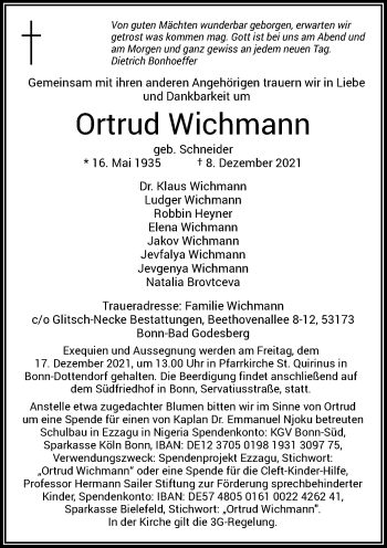 Anzeige von Ortrud Wichmann von General-Anzeiger Bonn