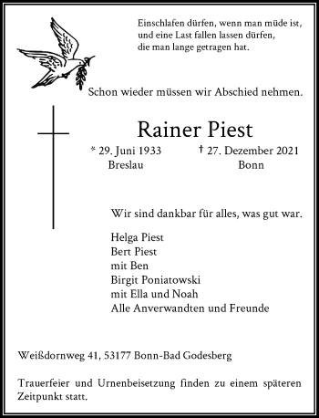 Anzeige von Rainer Piest von General-Anzeiger Bonn