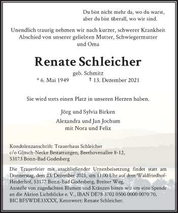 Anzeige von Renate Schleicher von General-Anzeiger Bonn